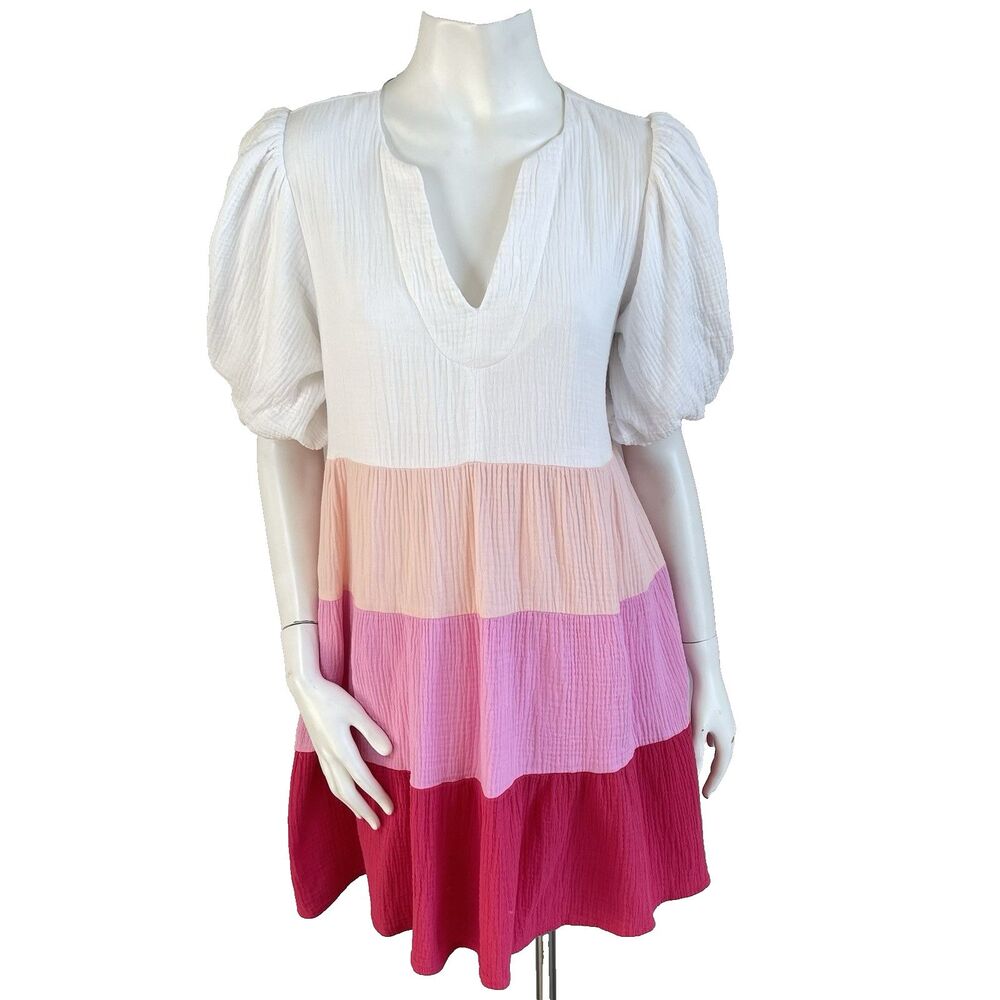 THML Women's Gauze Puff Sleeve Tiered Mini Dress M Resort Coastal Summer - Picture 1 of 14